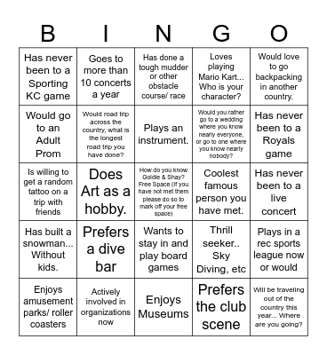 GBNE Single Bingo Activities Bingo Card