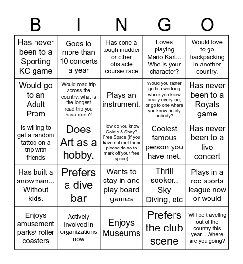 GBNE Single Bingo Activities Bingo Card