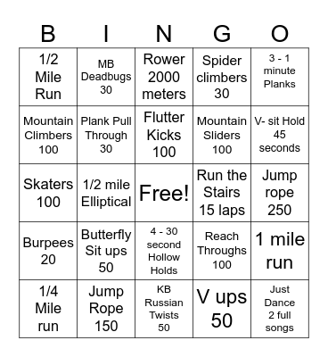 Cardio/Core Bingo Card