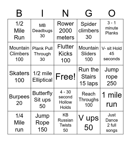 Cardio/Core Bingo Card