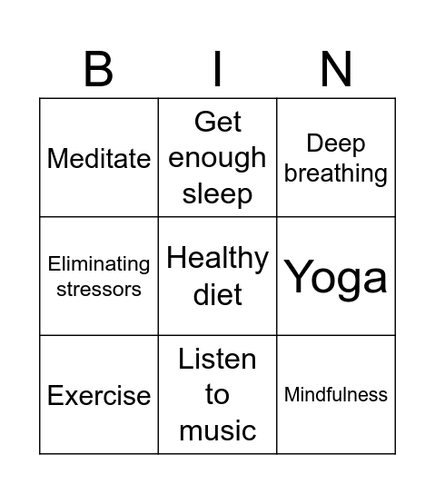 Stress Relief Bingo Card