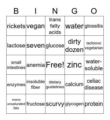 Nutrition and Dental Hygiene Bingo Card