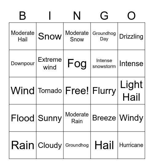 Weathers Bingo Card
