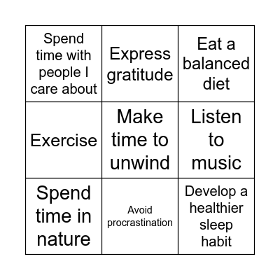 Stress Relief Bingo Card