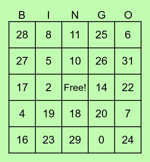 Numbers to 31 Bingo Card