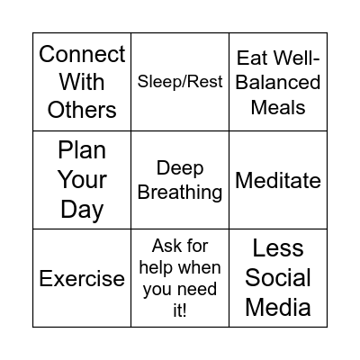 Stress Relief Bingo Card