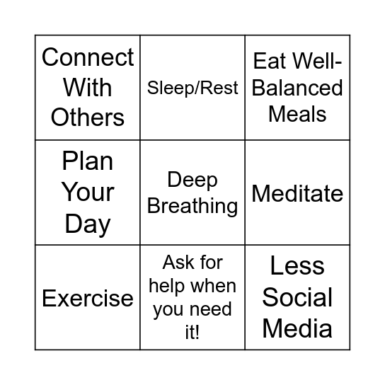 Stress Relief Bingo Card