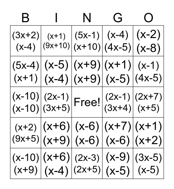 Factoring Quadratics Bingo Card