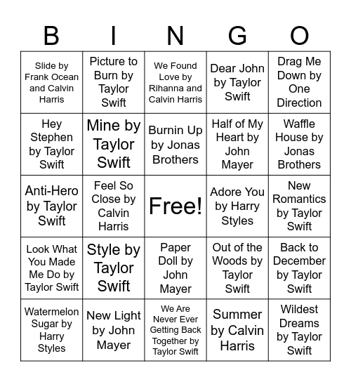 Taylor Swift and Her Exes Bingo Card