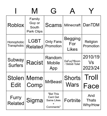 YouTube Shorts Bingo (Easy Mode) Bingo Card