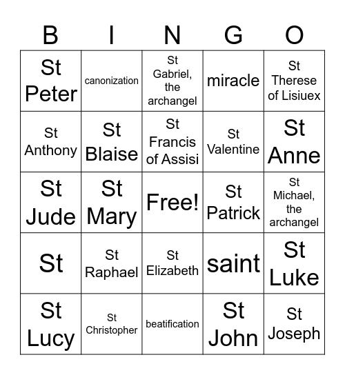 Catholic Saints Bingo Card