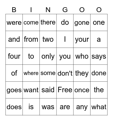Sight Words Bingo Card