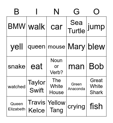 Verbs vs. Nouns Bingo Card