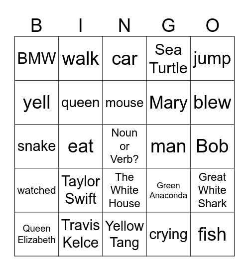 Verbs vs. Nouns Bingo Card