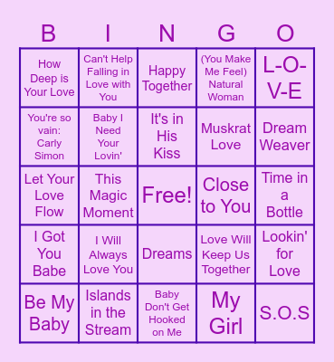 60s & 70s Love Songs Bingo Card