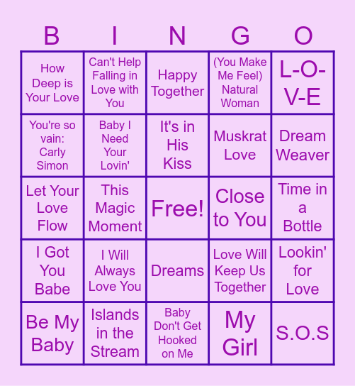 60s & 70s Love Songs Bingo Card