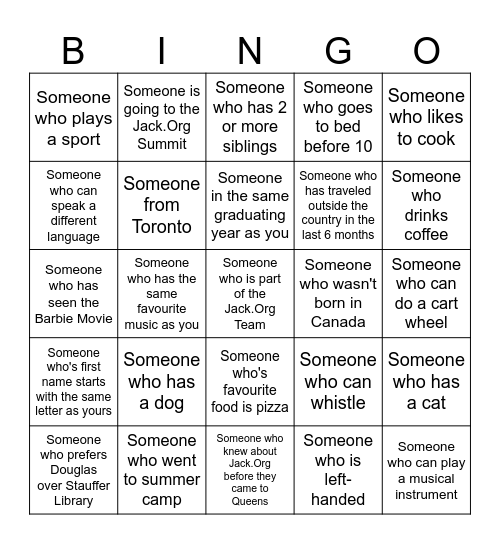 Get To Know Each Other Bingo (Jack.Org Version) Bingo Card