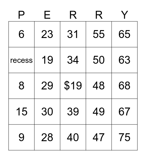 Number Perry 1-75 Bingo Card