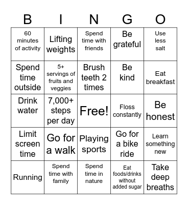 Healthy Habits Bingo Card