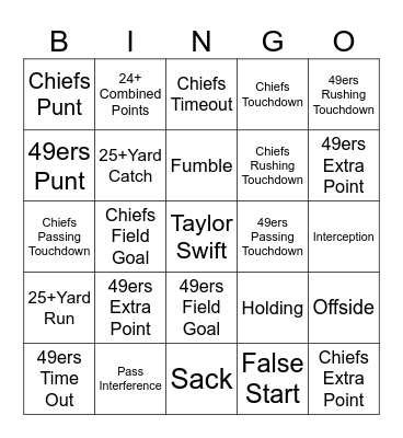 2024 Superbowl Game Bingo Card