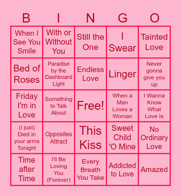 80's & 90's Love Songs Bingo Card