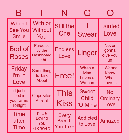 80's & 90's Love Songs Bingo Card