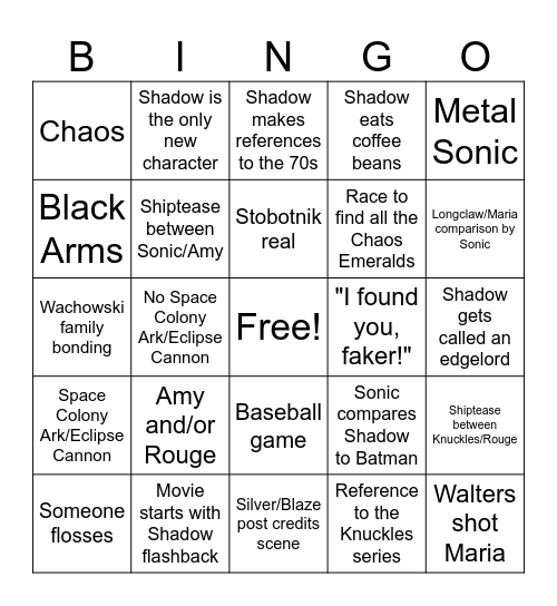 Sonic 3 Bingo Card