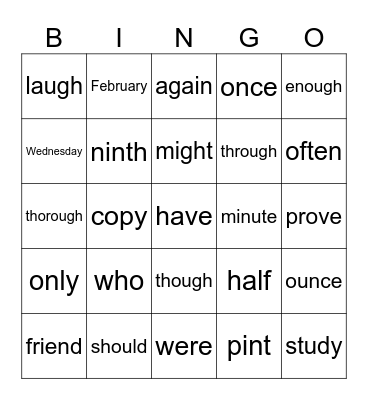 Sight Word Bingo Card