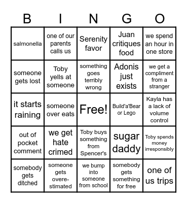 Gay Mall Trip Bingo Card
