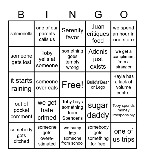 Gay Mall Trip Bingo Card