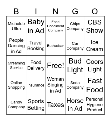 2024 Superbowl Commercials Bingo Card