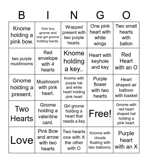 Gnomies Valentine Bingo Card