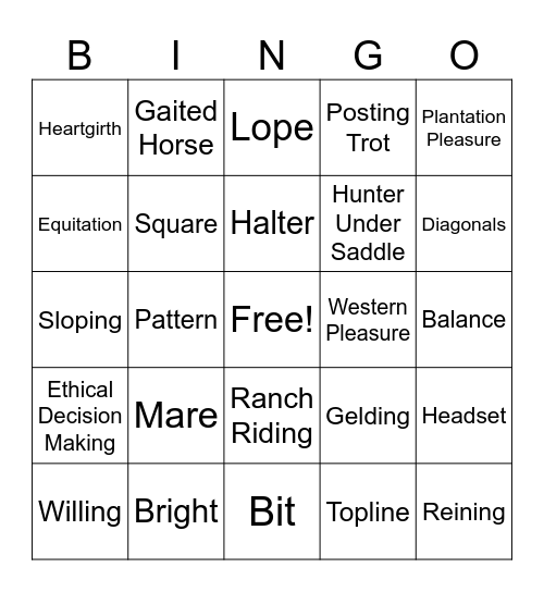 Horse Judging Bingo Card