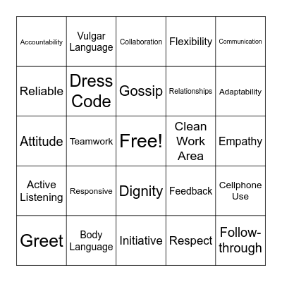 Professionalism Bingo Card