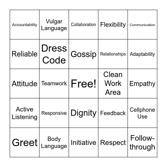 Professionalism Bingo Card