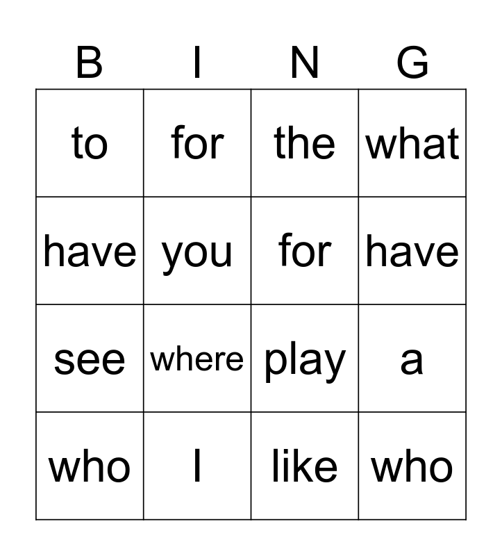 Kindergarten 1 and 2 Bingo Card