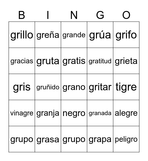 Sílabas con GR Bingo Card