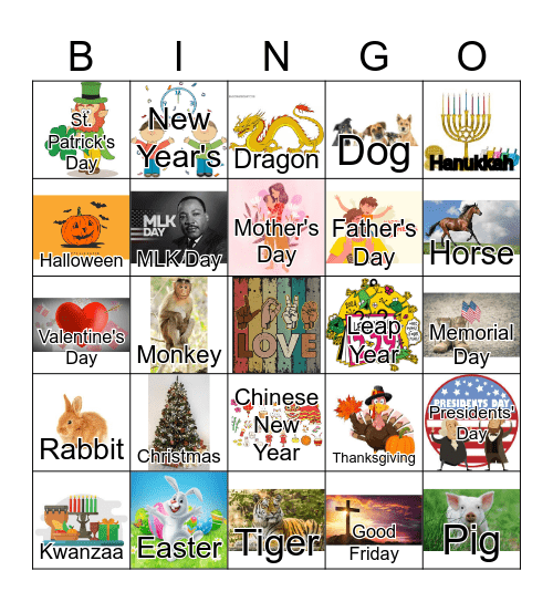 ASL Holidays and Lunar New Year Animals Bingo Card