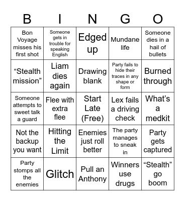 Shadowrun Mission 2 Bingo Card