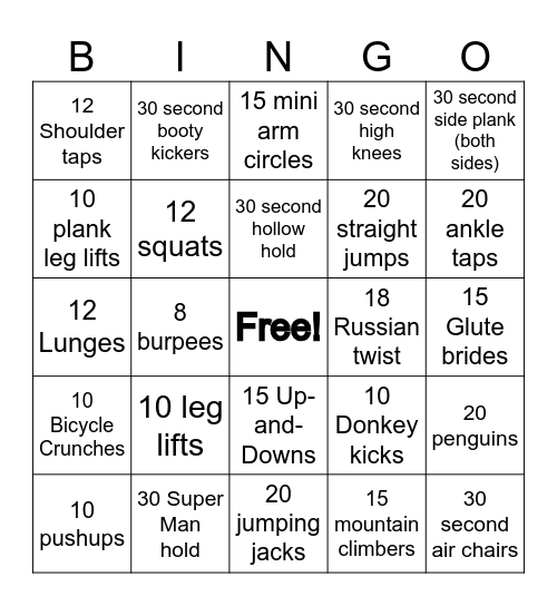 Workout! Bingo Card