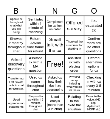 STAR Actions Bingo Card