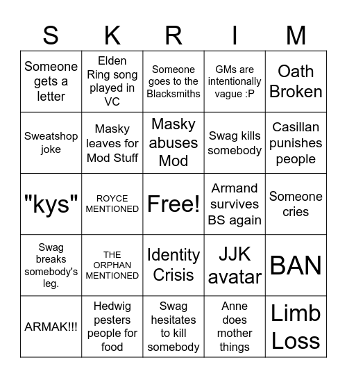 Season One Skrimgo Bingo Card
