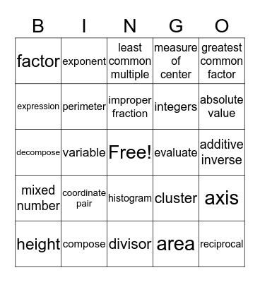 Math Vocabulary Bingo Card