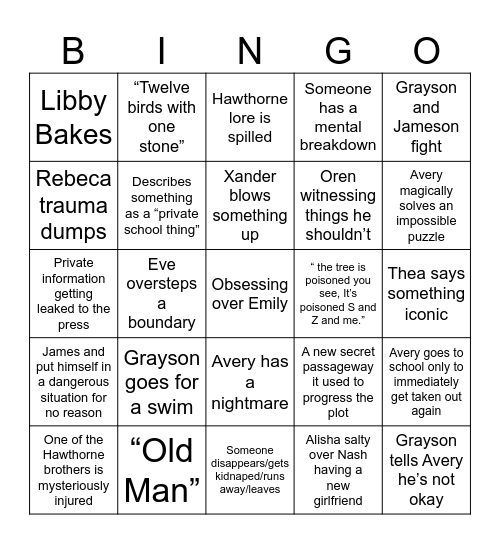 The Inheritance Games Bingo Card