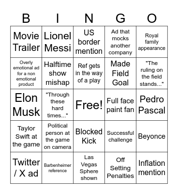 Superbowl 2024 Bingo Card