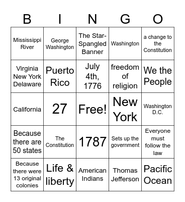 USA Citizenship Class Bingo Card