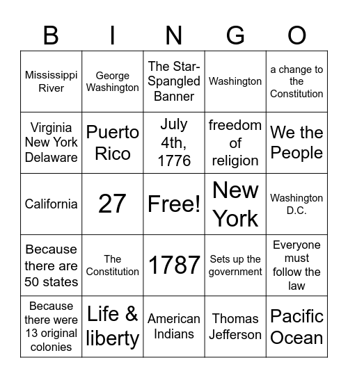 USA Citizenship Class Bingo Card