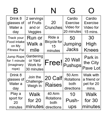 Fitness Bingo Card
