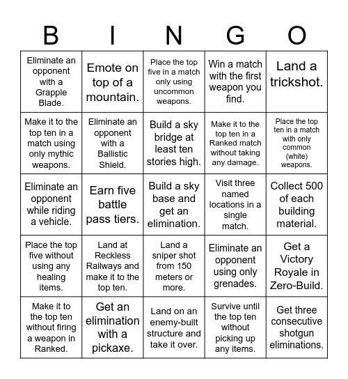 Boingo's Bingo (Fortnite) Bingo Card