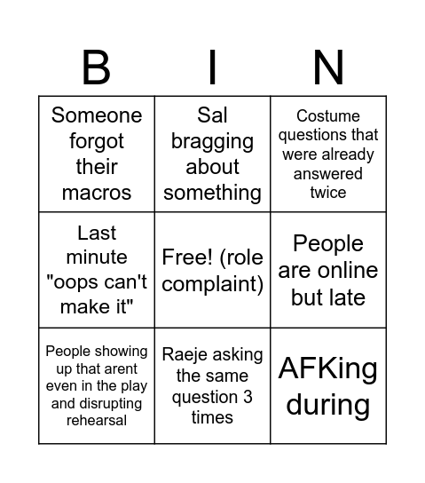 Rehearsal Bingo Card